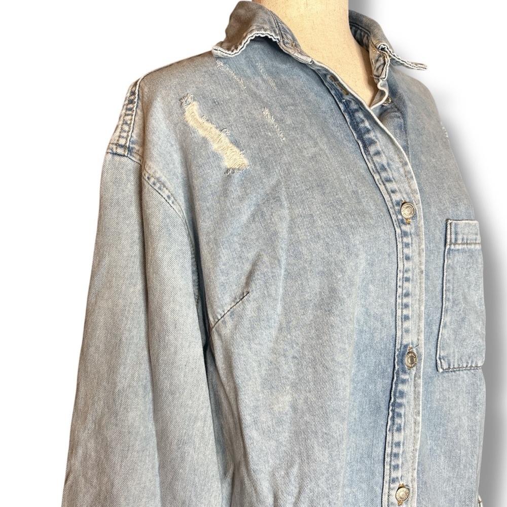 &Denim Light Wash Oversized Distressed Long Sleeve Shirt Dress Size XXSmall
